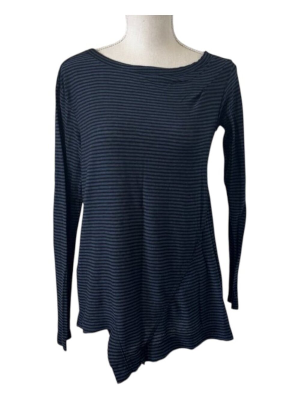Wilt Asymmetrical Shirt Women's XS Blue Black Linen Blend Striped Pattern